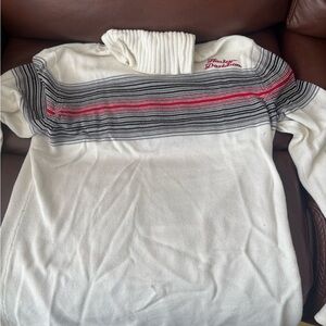 Harley-Davidson Turtleneck sweater with red, grey and black stripes.
